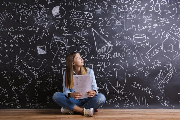 A woman sitting in front of a chalkboard with equations