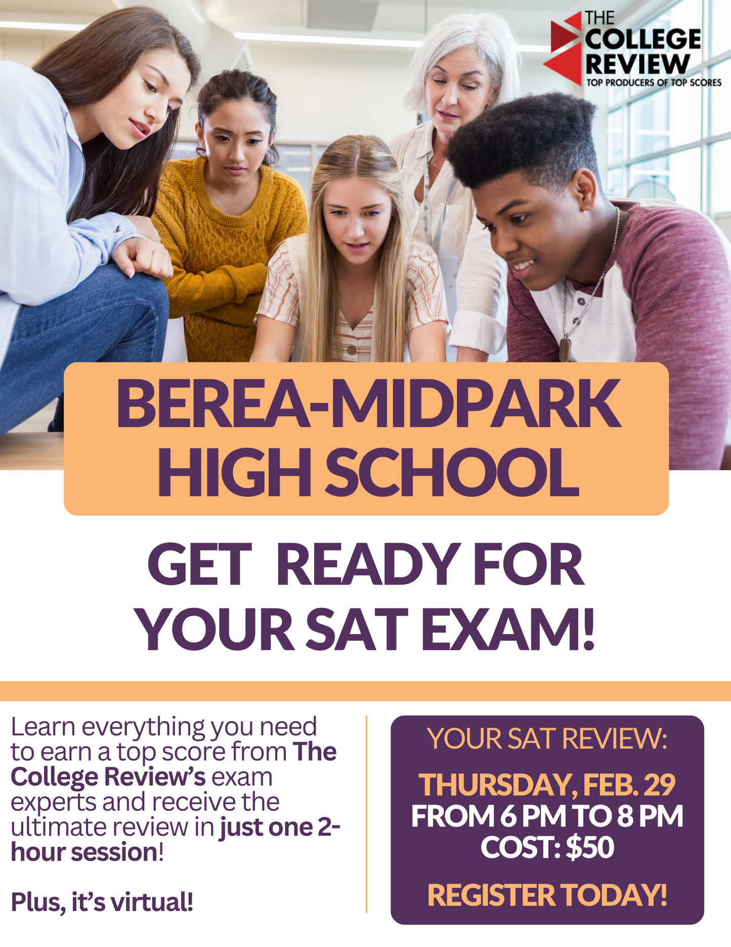 SAT 2-Hour Virtual Prep: Berea-Midpark High School, Feb. 29th, 2024, 6-8pm EST