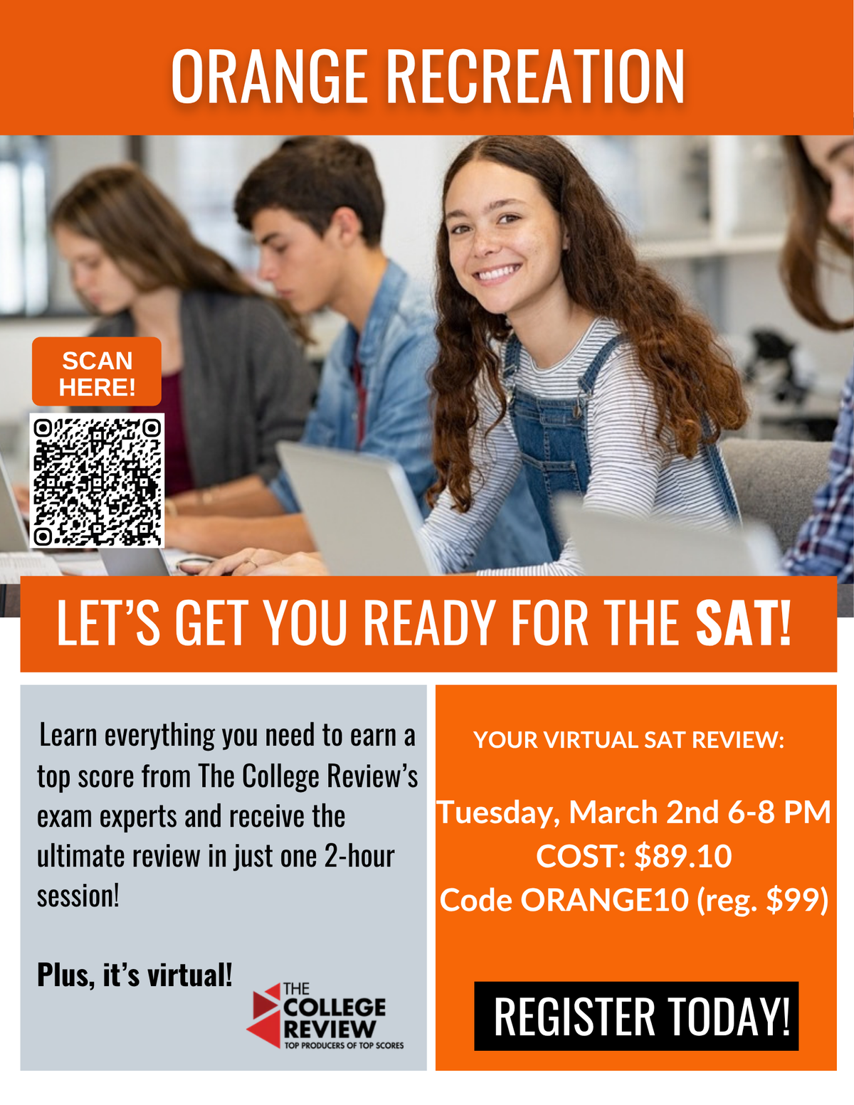 Orange Recreation's SAT 2-Hour Virtual Prep: Tuesday, March 2nd, 6-8pm
