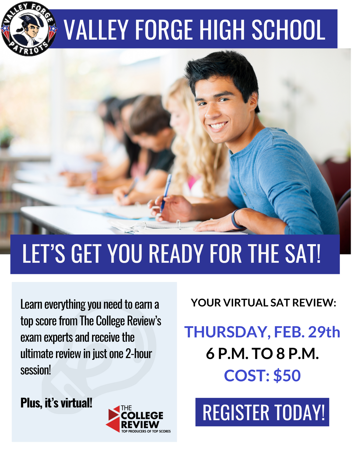 SAT 2-Hour Virtual Prep: Valley Forge High School, Feb. 29th, 2024, 6-8pm EST